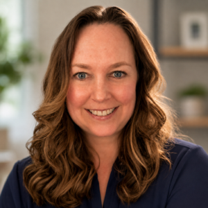 Portrait of a smiling woman with wavy brown hair and blue eyes, wearing a navy blouse in a bright home office setting